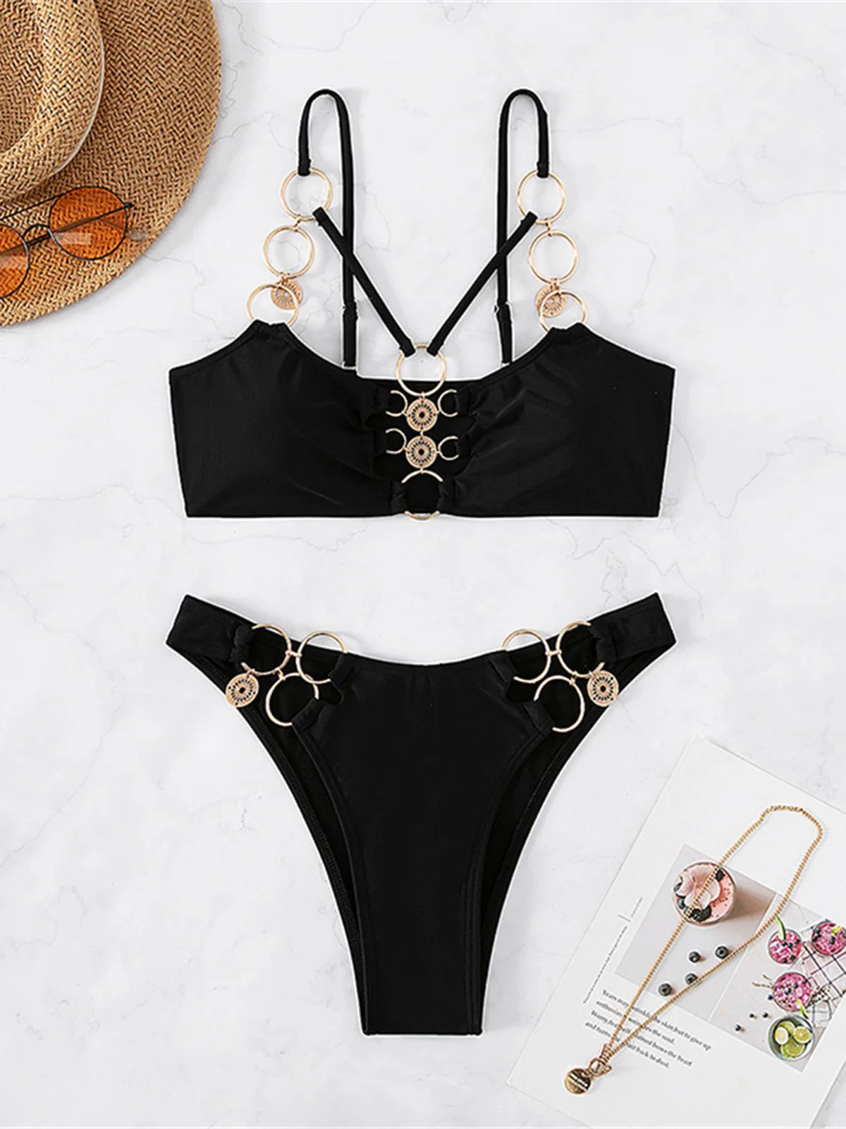 👙 Sexy Metal Ring Mid-Waist Bikini Set – Women's Two-Piece Padded Swimsuit | Trendy Bathing Suit for Beach &amp; Pool