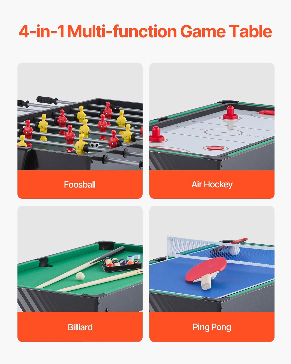 4-in-1 Combo Game Table Set, 48" Air Hockey Table, Multi Combination Table with Air Hockey, Pool Billiard, Foosball, Ping Pong, Pushers & Pucks, Sports Arcade Table for Family Game Room Office