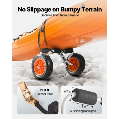 Kayak Cart, 200 lbs Load Capacity, Foldable Kayak Trolley with 10-inch Solid Rubber Tires & 1 Ratchet Strap, Paddle Board Trolley for Carrying Kayaks, Canoes, Paddleboards, Float Mats, Jon Boats