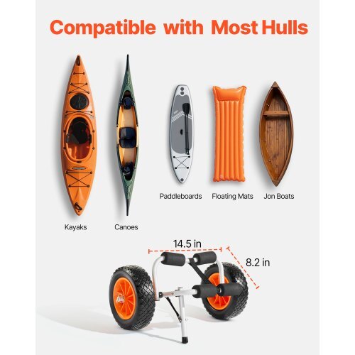 Kayak Cart, 200 lbs Load Capacity, Foldable Kayak Trolley with 10-inch Solid Rubber Tires & 1 Ratchet Strap, Paddle Board Trolley for Carrying Kayaks, Canoes, Paddleboards, Float Mats, Jon Boats