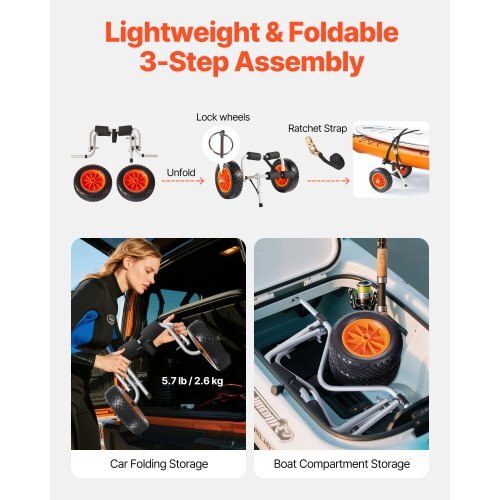 Kayak Cart, 200 lbs Load Capacity, Foldable Kayak Trolley with 10-inch Solid Rubber Tires & 1 Ratchet Strap, Paddle Board Trolley for Carrying Kayaks, Canoes, Paddleboards, Float Mats, Jon Boats