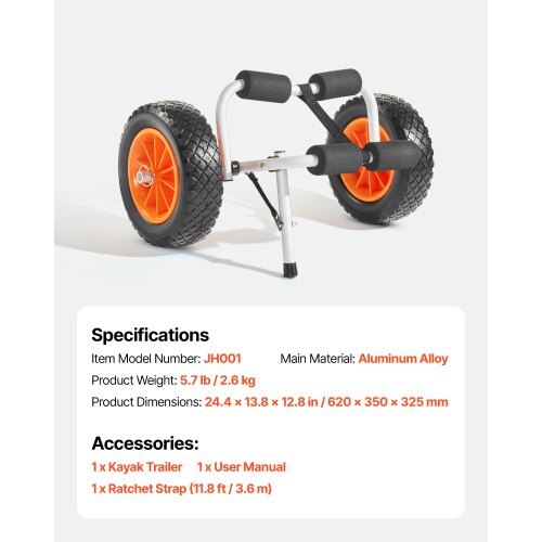 Kayak Cart, 200 lbs Load Capacity, Foldable Kayak Trolley with 10-inch Solid Rubber Tires & 1 Ratchet Strap, Paddle Board Trolley for Carrying Kayaks, Canoes, Paddleboards, Float Mats, Jon Boats