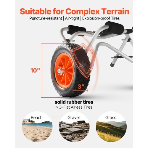 Kayak Cart, 250 lbs Load Capacity, Foldable Kayak Trolley with 10-inch Solid Rubber Tires & 1 Ratchet Strap, Paddle Board Trolley for Carrying Kayaks, Canoes, Paddleboards, Float Mats, Jon Boats