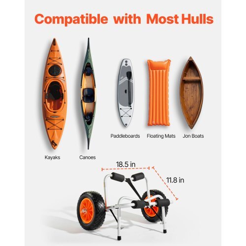 Kayak Cart, 250 lbs Load Capacity, Foldable Kayak Trolley with 10-inch Solid Rubber Tires & 1 Ratchet Strap, Paddle Board Trolley for Carrying Kayaks, Canoes, Paddleboards, Float Mats, Jon Boats