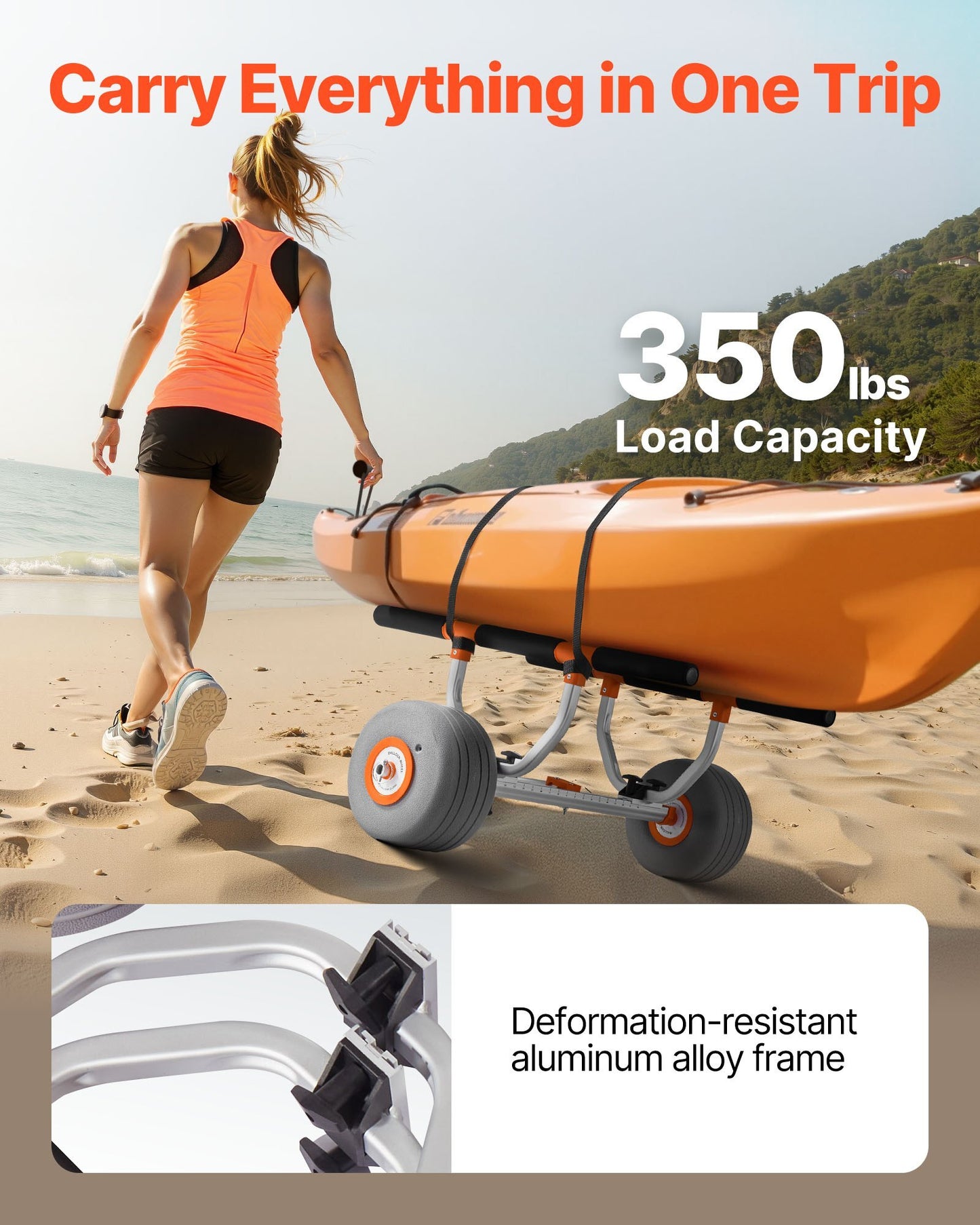 Kayak Cart, 350 lbs Load Capacity, Kayak Trolley with 12-inch Inflatable PU Tires & 2 Straps, Assembles & Disassembles Within Seconds, Paddle Board Trolley for Carrying Kayaks and Canoes