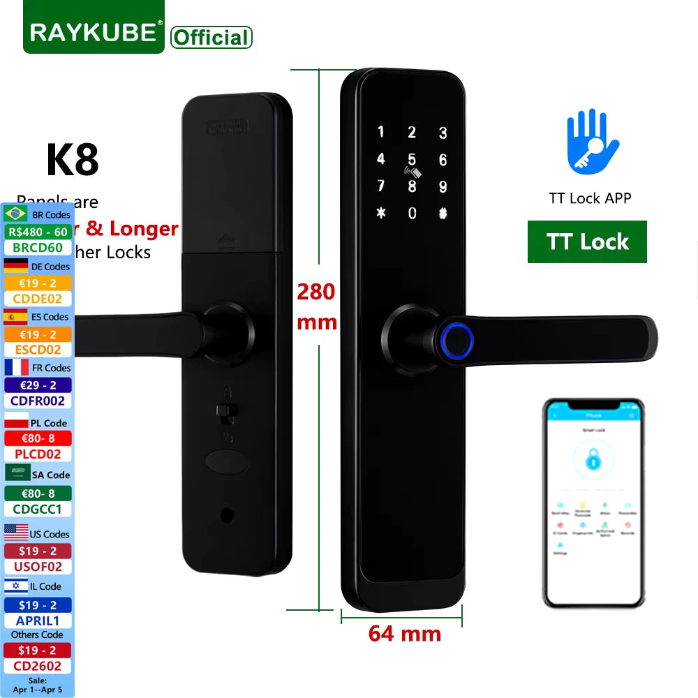 RAYKUBE K8 TT Lock Bluetooth Smart Door Lock Fingerprint Lock Digital Electric Lock