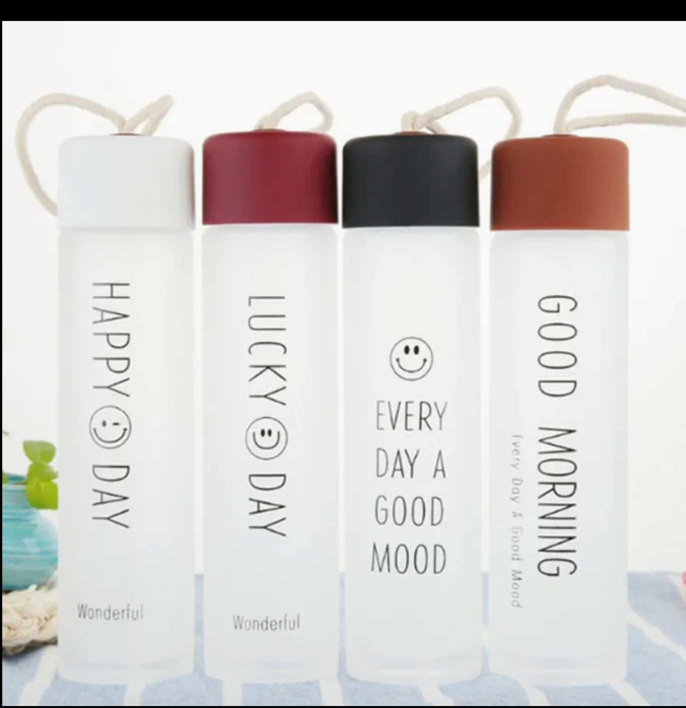 Set of 4  Glass Water Bottles – Cute Smiling Face Design, Stylish & Durable