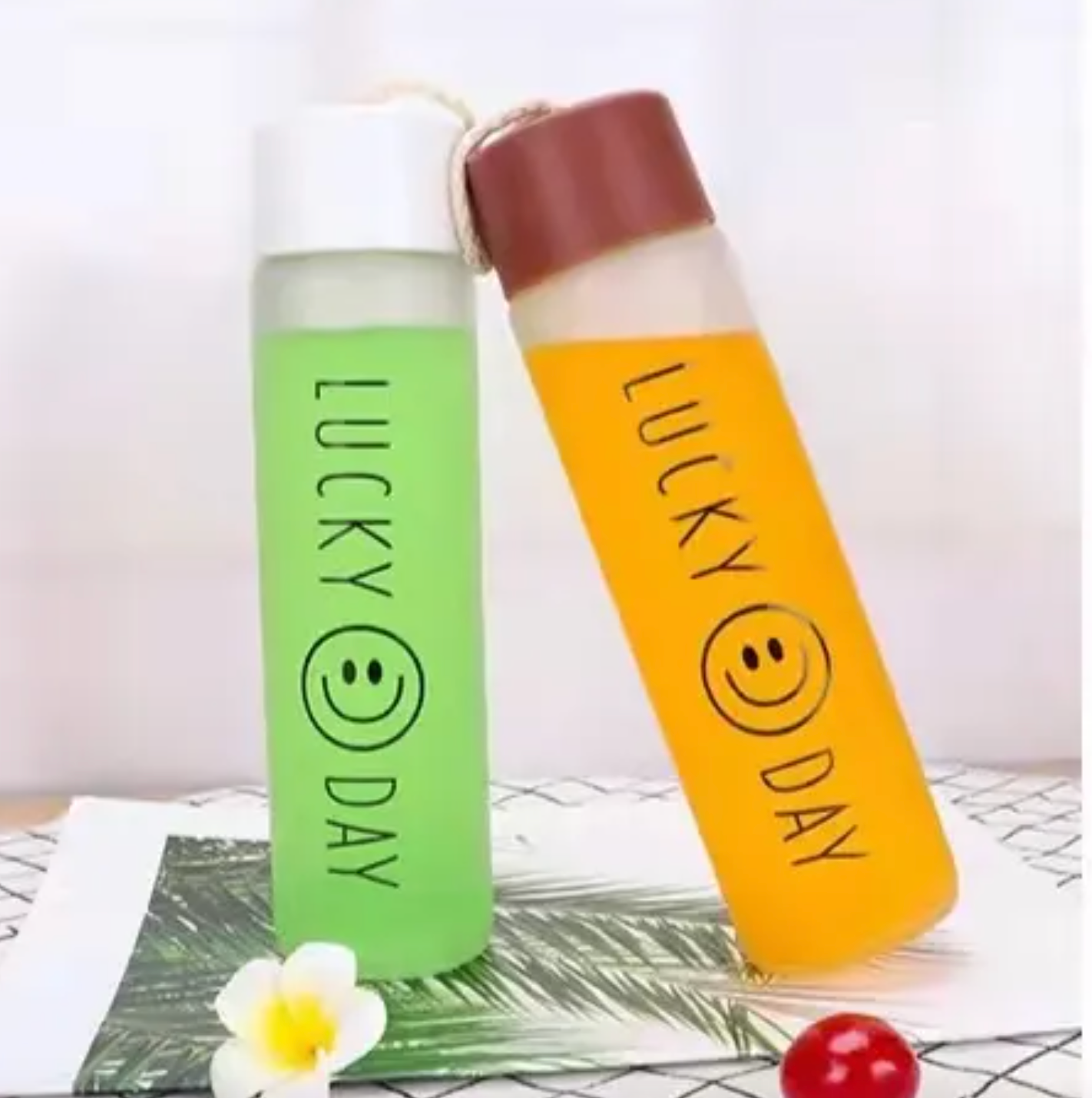 Set of 4  Glass Water Bottles – Cute Smiling Face Design, Stylish & Durable