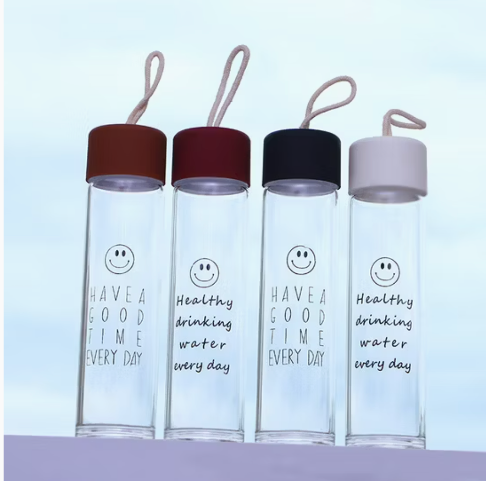 Set of 4  Glass Water Bottles – Cute Smiling Face Design, Stylish & Durable