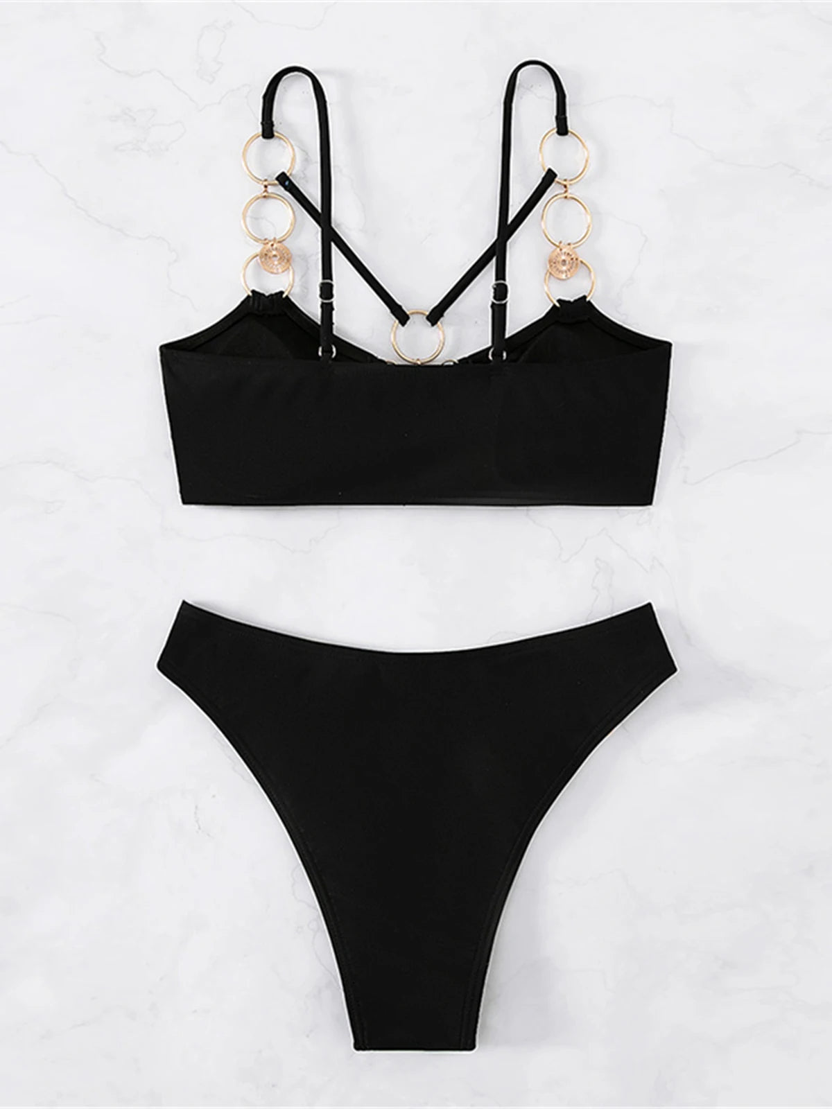 👙 Sexy Metal Ring Mid-Waist Bikini Set – Women's Two-Piece Padded Swimsuit | Trendy Bathing Suit for Beach &amp; Pool