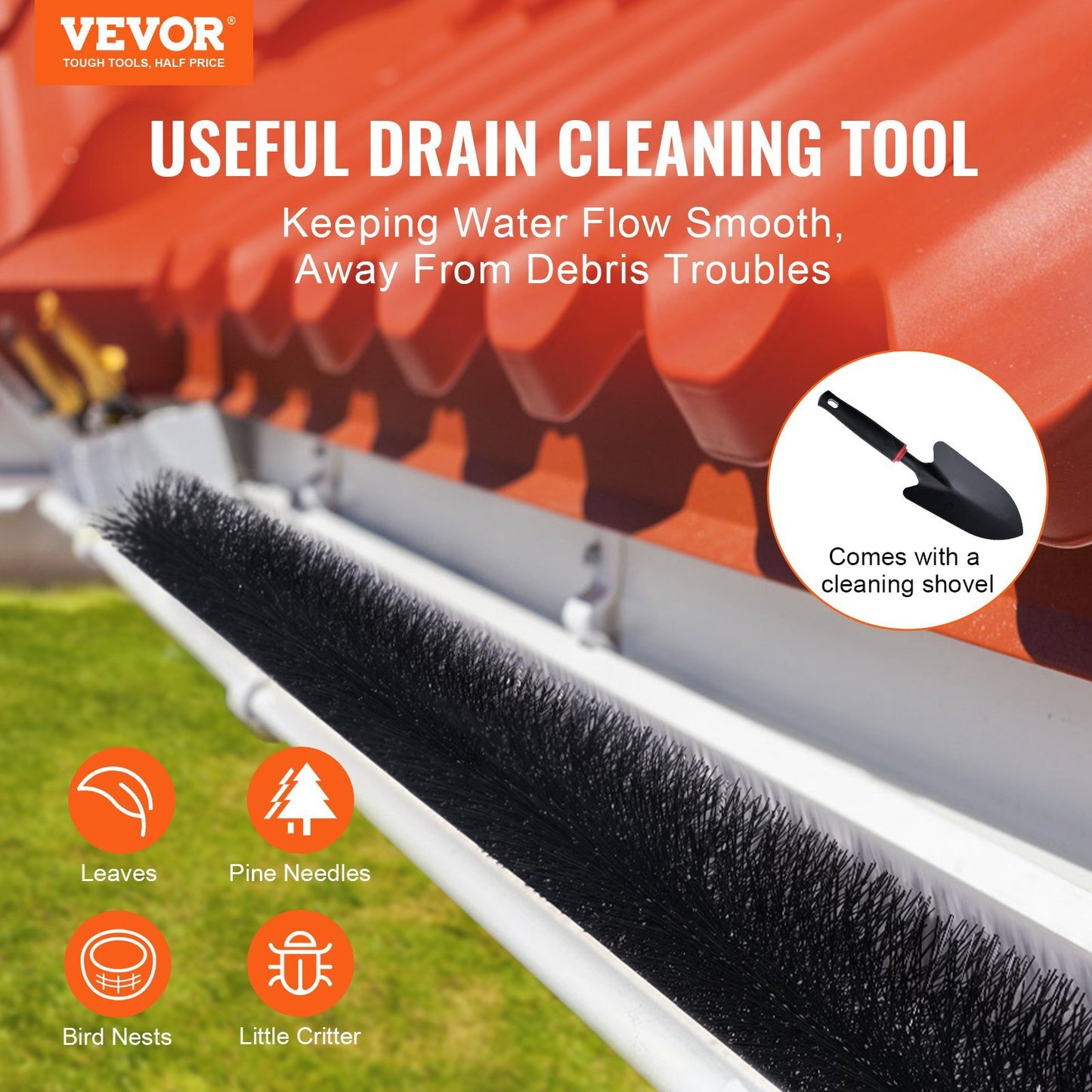 VEVOR Gutter Brush, 30 Feet Total Length 4.33 inch Diameter Gutter Cleaning Tools, Ground-Level Gutter Brush Leaf Guard for 5 Inch Gutters, Easily Clear roof Leaves and Debris, 10 Pack - Luminous Bear Shop