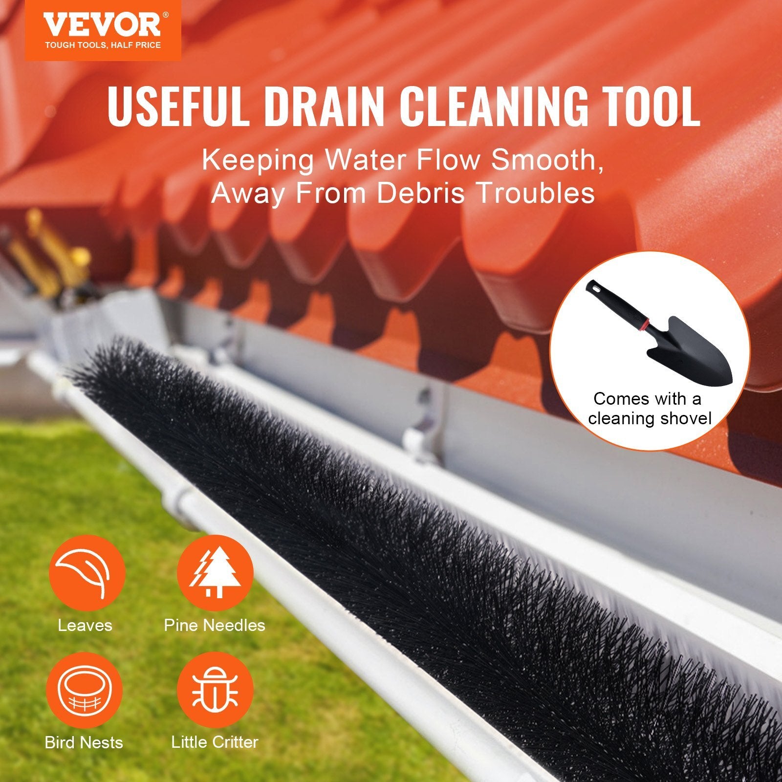 VEVOR Gutter Brush, 30 Feet Total Length 4.33 inch Diameter Gutter Cleaning Tools, Ground-Level Gutter Brush Leaf Guard for 5 Inch Gutters, Easily Clear roof Leaves and Debris, 10 Pack - Luminous Bear Shop