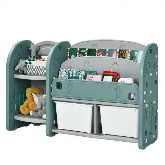 Kids Toy Storage Organizer with 2-Tier Bookshelf and Plastic Bins - Color: Green