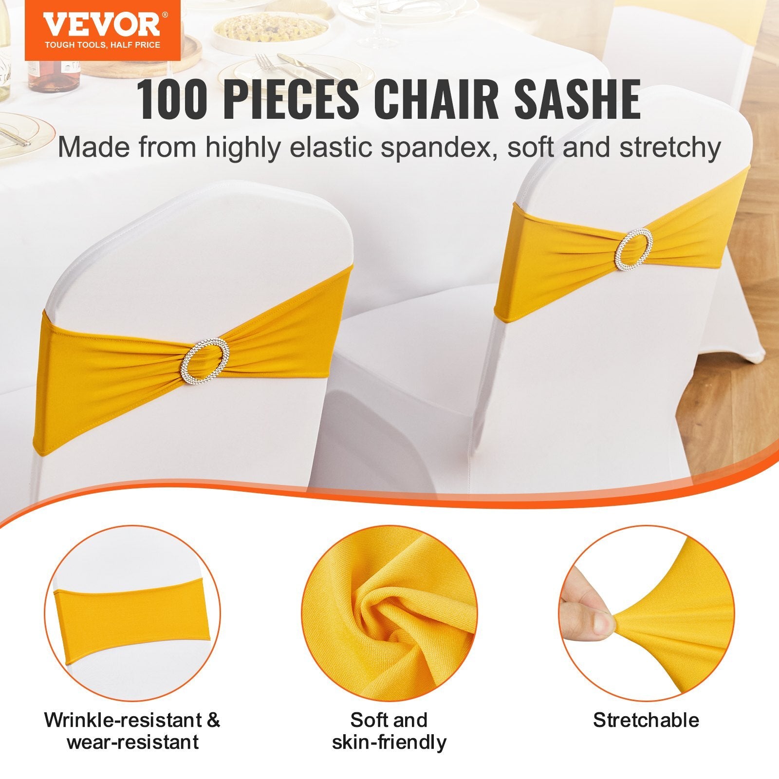 VEVOR Stretch Spandex Chair Sashes, Chair Slipcover and Stretch Chair Sash with Round Buckle, Elastic Chair Bands, Fitting Wedding, Holiday, Banquet, Party Chair Decoration (100 PCS Golden Yellow) - Luminous Bear Shop