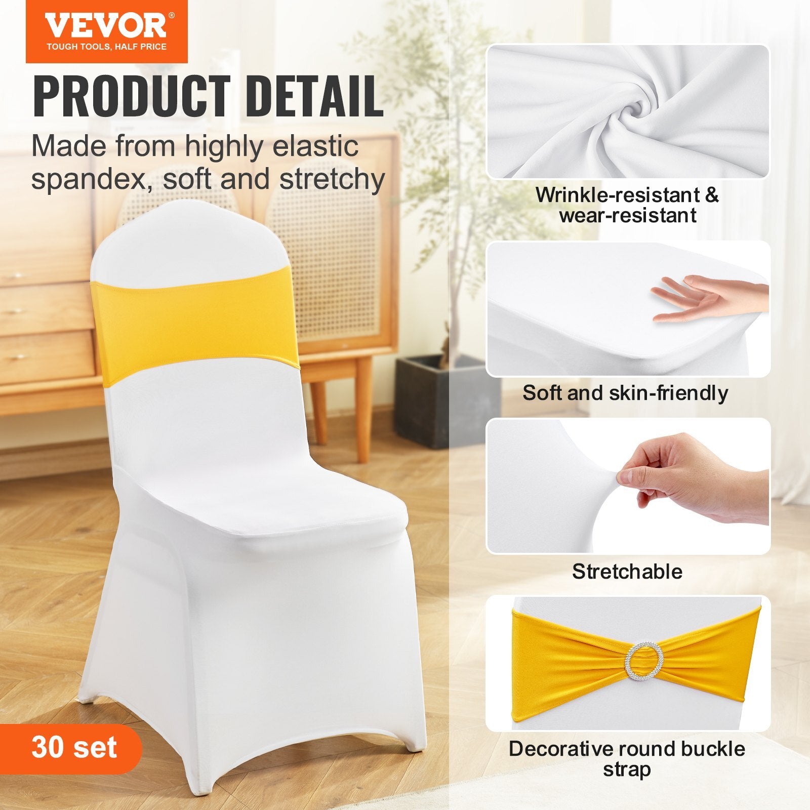 VEVOR Stretch Spandex Folding Chair Covers, Universal Fitted Chair Cover with Chair Sashes, Removable Washable Protective Slipcovers, for Wedding, Holiday, Banquet, Party, Dining (30 Set Gold & White) - Luminous Bear Shop