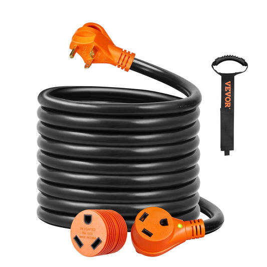 VEVOR 25 ft RV Extension Cord, 30 Amp, Heavy Duty STW RV Power Cord, NEMA TT-30R Female NEMA TT-30P Male Plug, with LED Indicator Handle 15A Adapter, for RVs, trams, generators, campers, ETL Listed - Luminous Bear Shop