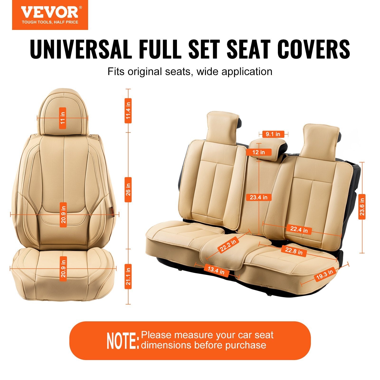 VEVOR Seat Covers, Universal Car Seat Covers Full Set Seats, Front and Rear Seat, 13pcs Faux Leather Seat Cover, Full Enclosed Design, Detachable Headrest and Airbag Compatible, for Most Car SUV Truck - Luminous Bear Shop