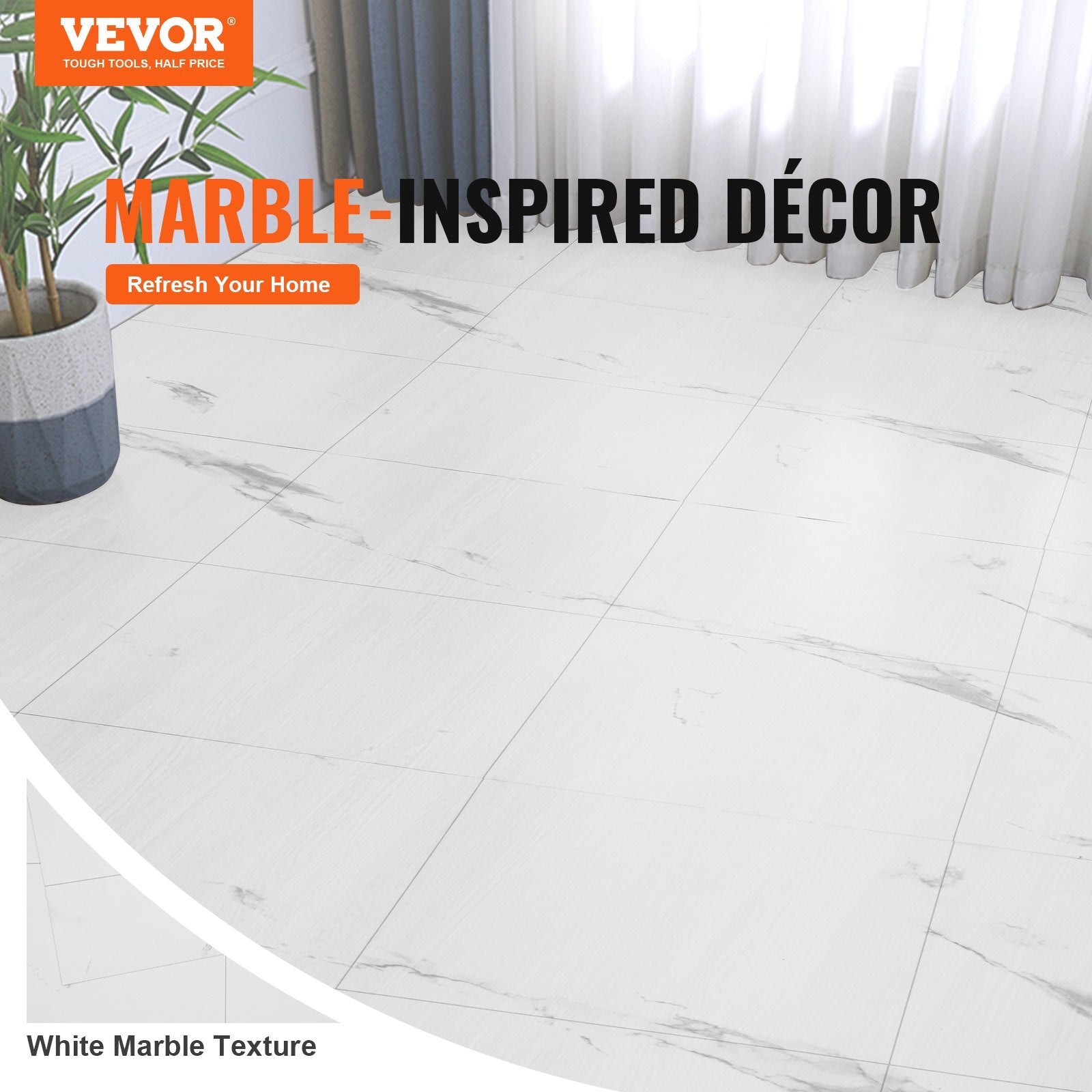 VEVOR Self Adhesive Vinyl Floor Tiles 390 x 23.6 inch, 1.5mm Thick Peel & Stick, White Marble Texture DIY Flooring for Kitchen, Dining Room, Bedrooms & Bathrooms, Easy for Home Decor - Luminous Bear Shop