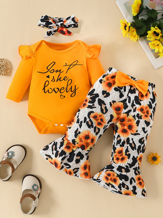 Letter Graphic Long Sleeve Bodysuit and Bow Leopard Pants Set - Luminous Bear Shop