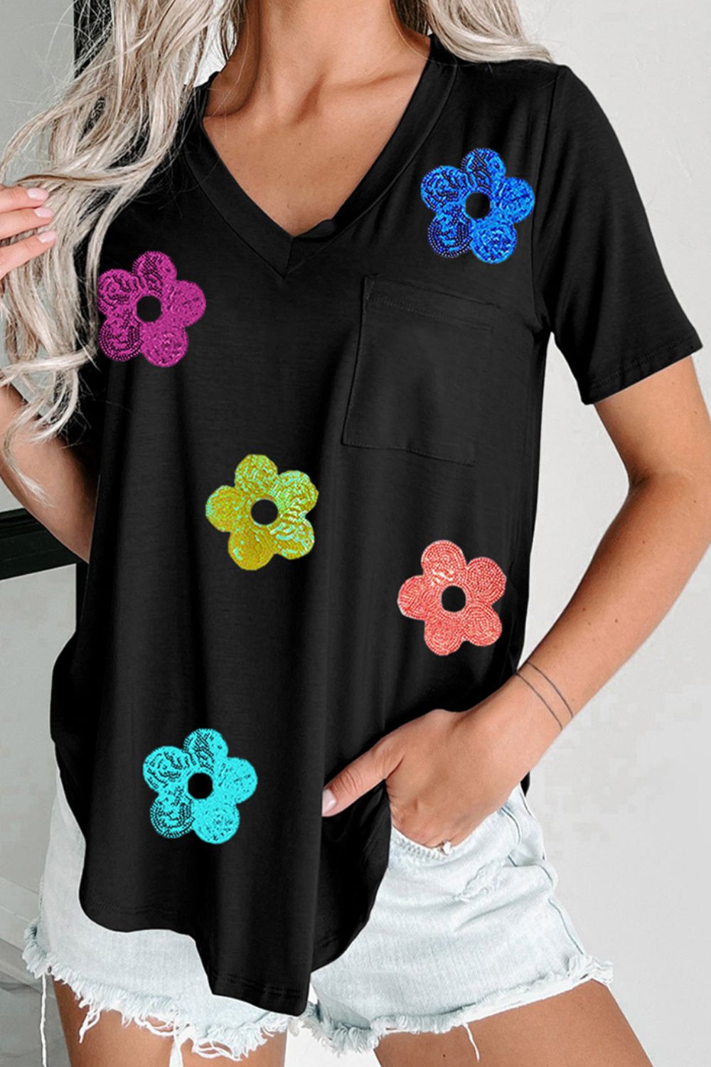 Sequin Flower V-Neck Short Sleeve T-Shirt - Luminous Bear Shop