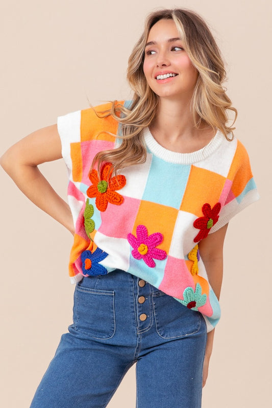 BiBi Flower Patch Checkered Sweater Vest - Luminous Bear Shop