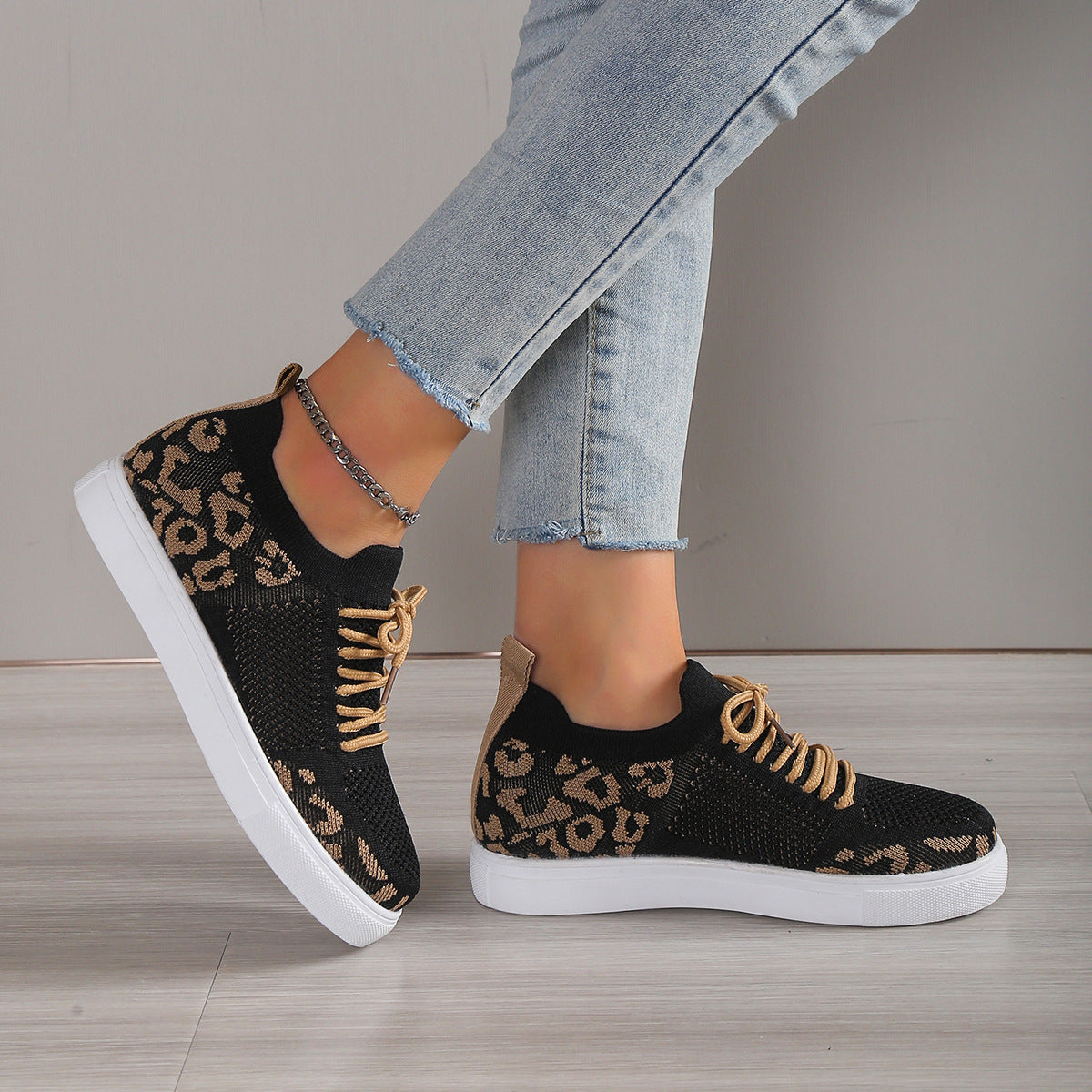 Lace-Up Leopard Flat Sneakers - Luminous Bear Shop