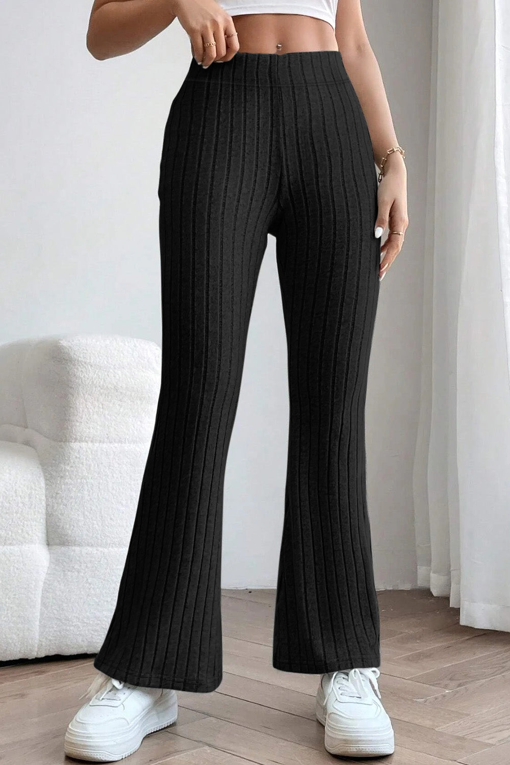 Basic Bae Full Size Ribbed High Waist Flare Pants - Luminous Bear Shop