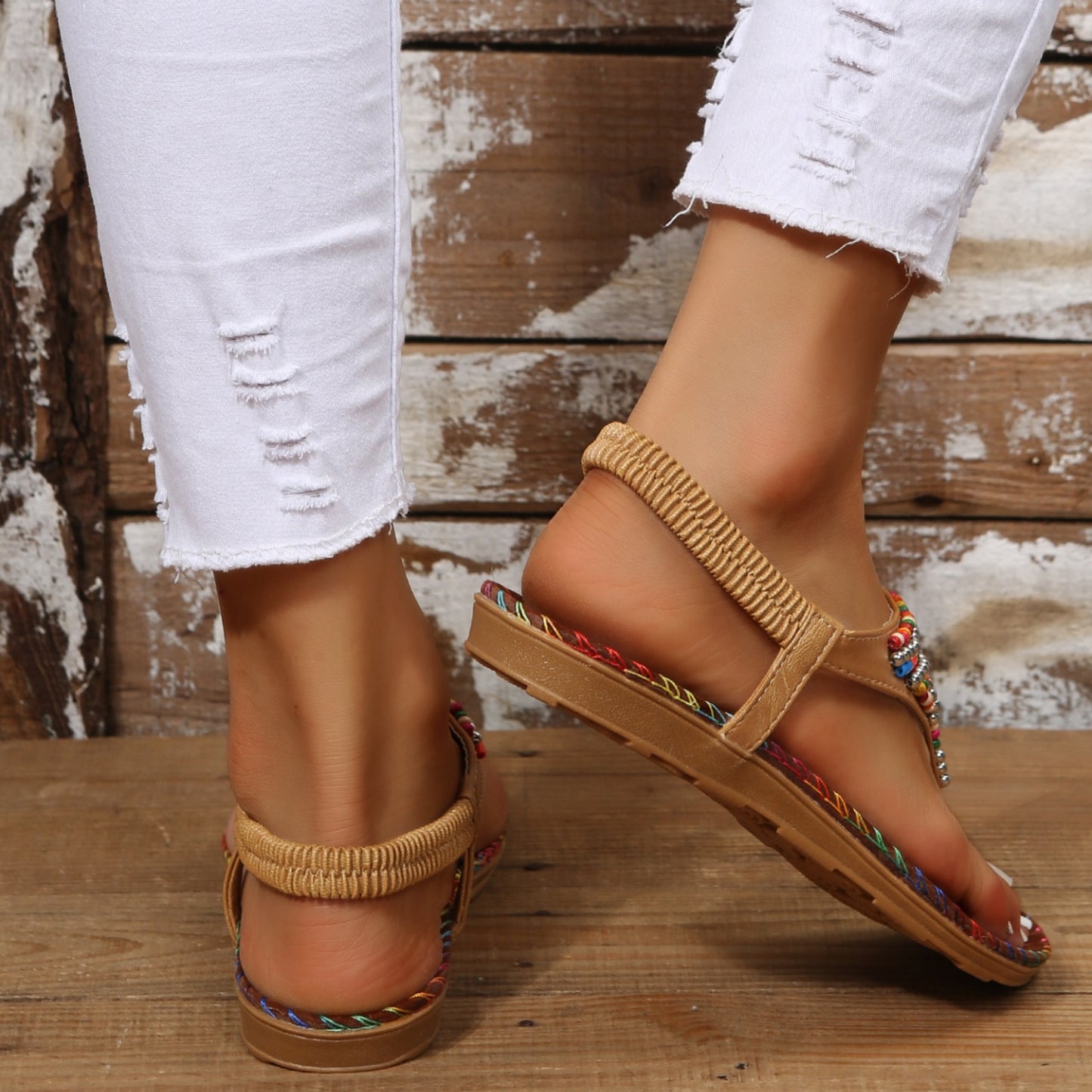 Beaded PU Leather Open Toe Sandals - Luminous Bear Shop