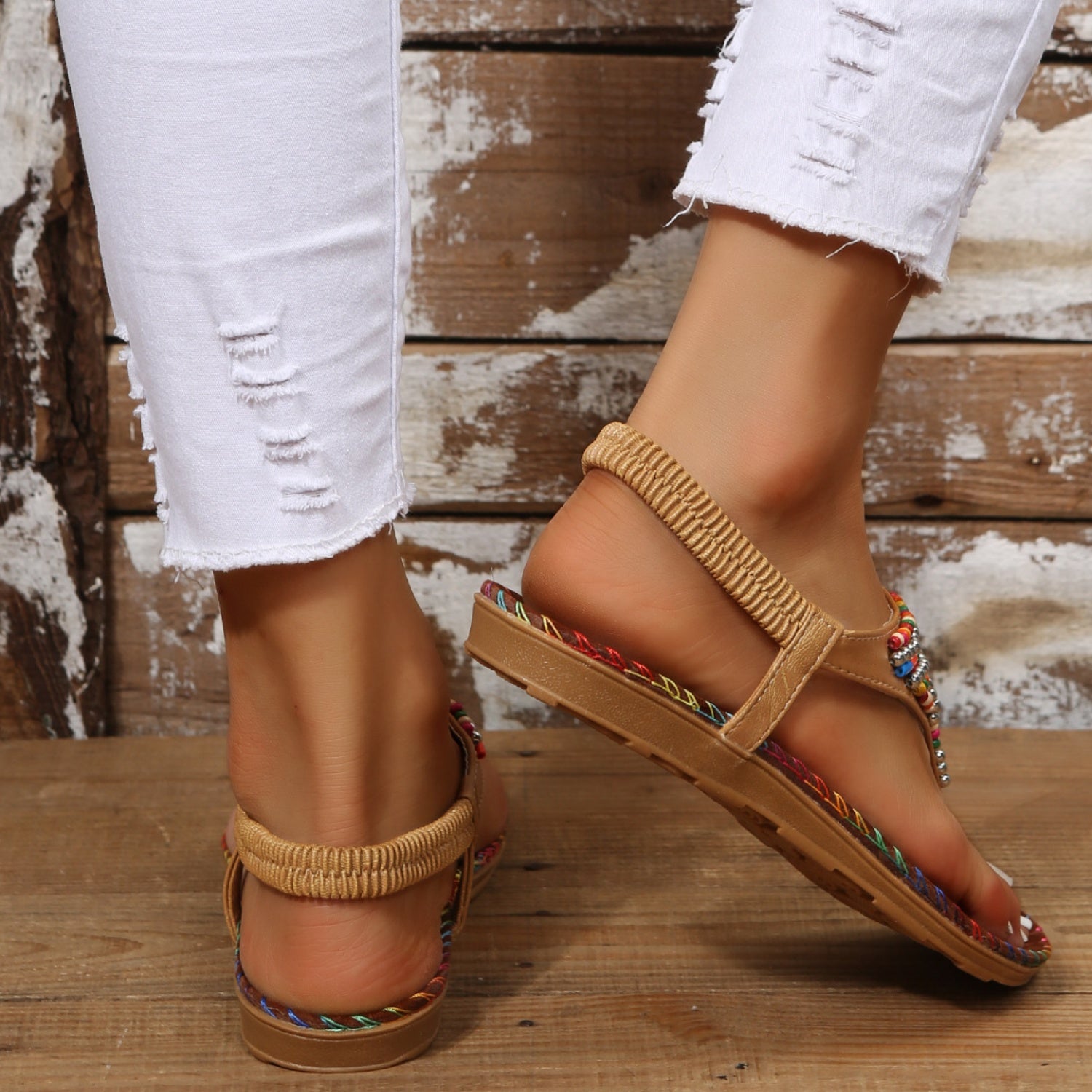 Beaded PU Leather Open Toe Sandals - Luminous Bear Shop