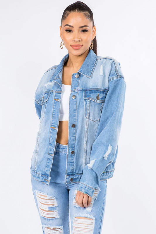 American Bazi Graphic Distressed Long Sleeve Denim Jacket - Luminous Bear Shop