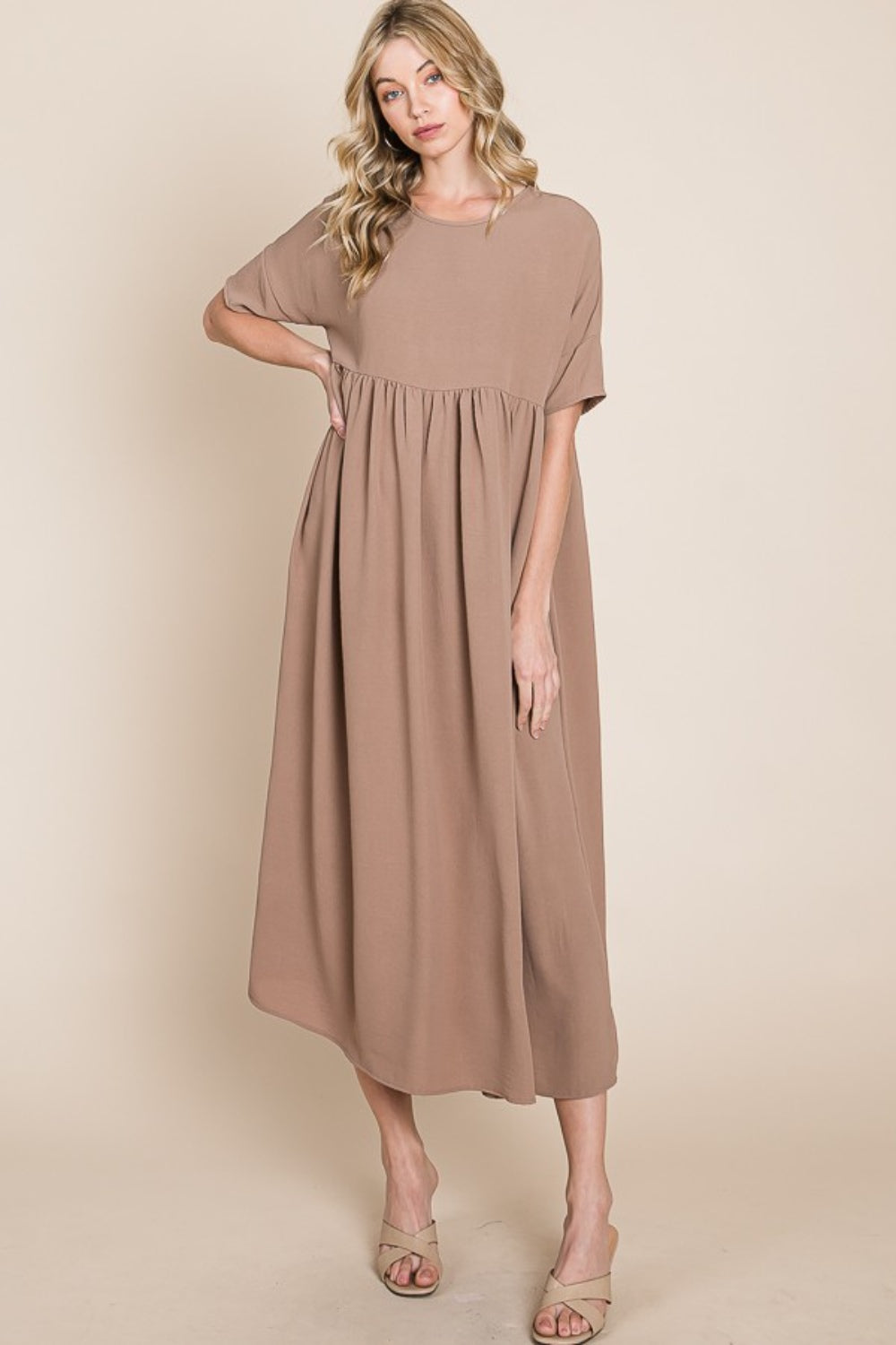 BOMBOM Round Neck Ruched Midi Dress - Luminous Bear Shop