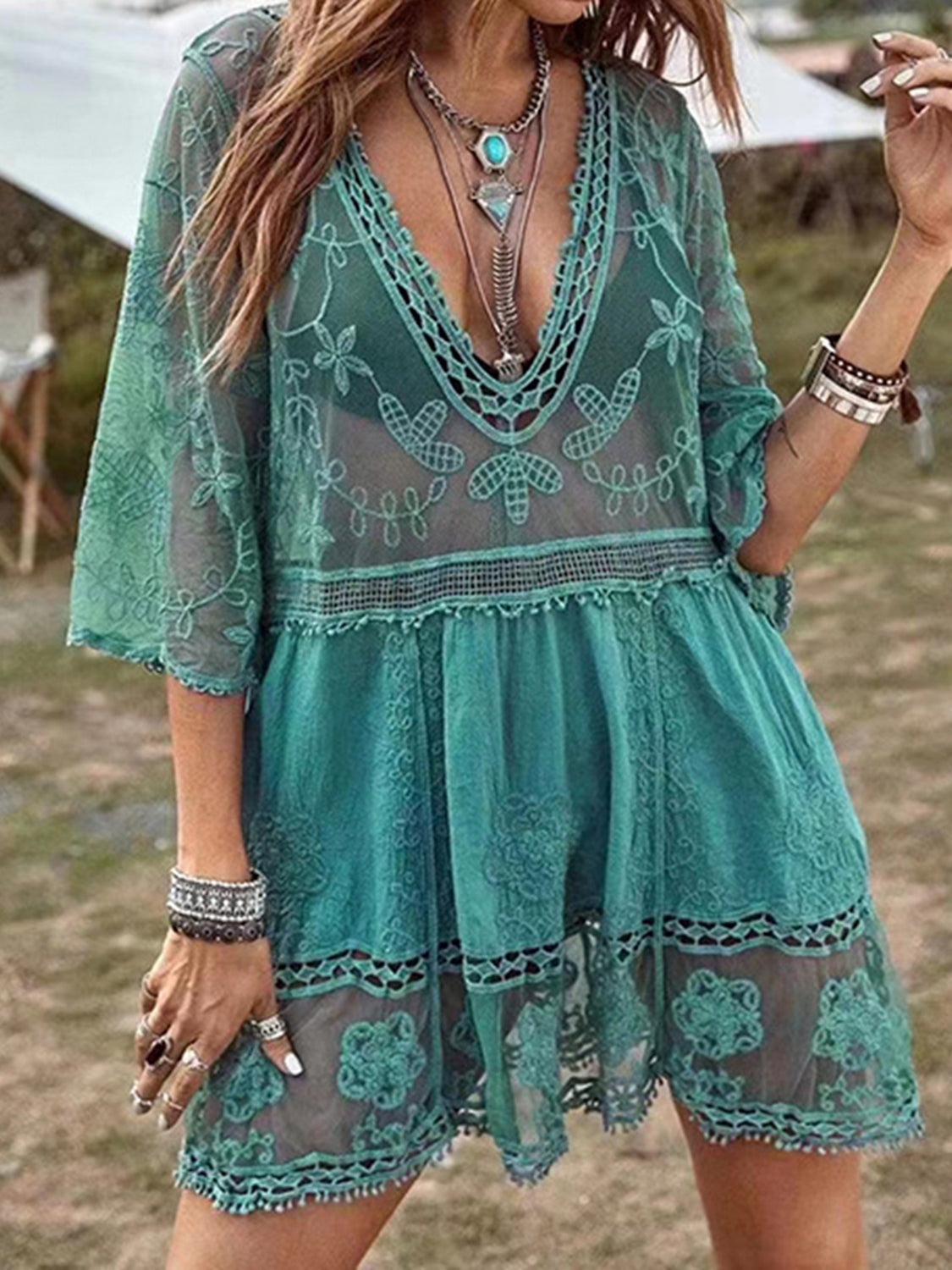 Elegant Lace Detail Plunge Cover-Up Dress - Luminous Bear Shop