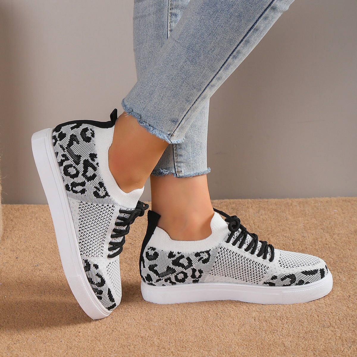 Lace-Up Leopard Flat Sneakers - Luminous Bear Shop