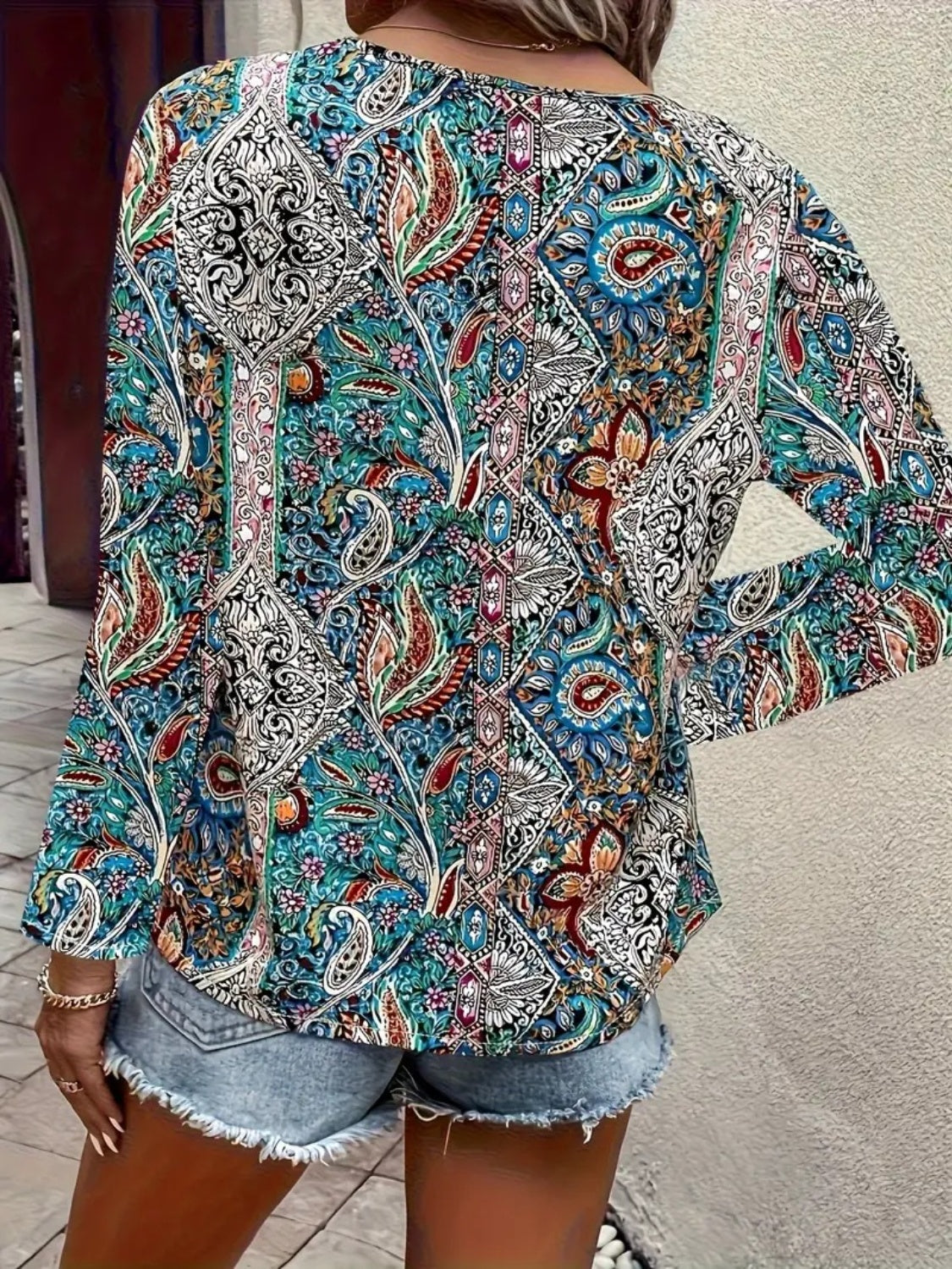 Printed V-Neck Long Sleeve Blouse - Luminous Bear Shop