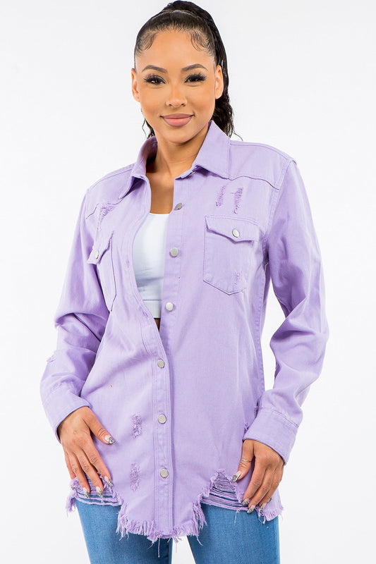 American Bazi Frayed Hem Distressed Denim Jacket - Luminous Bear