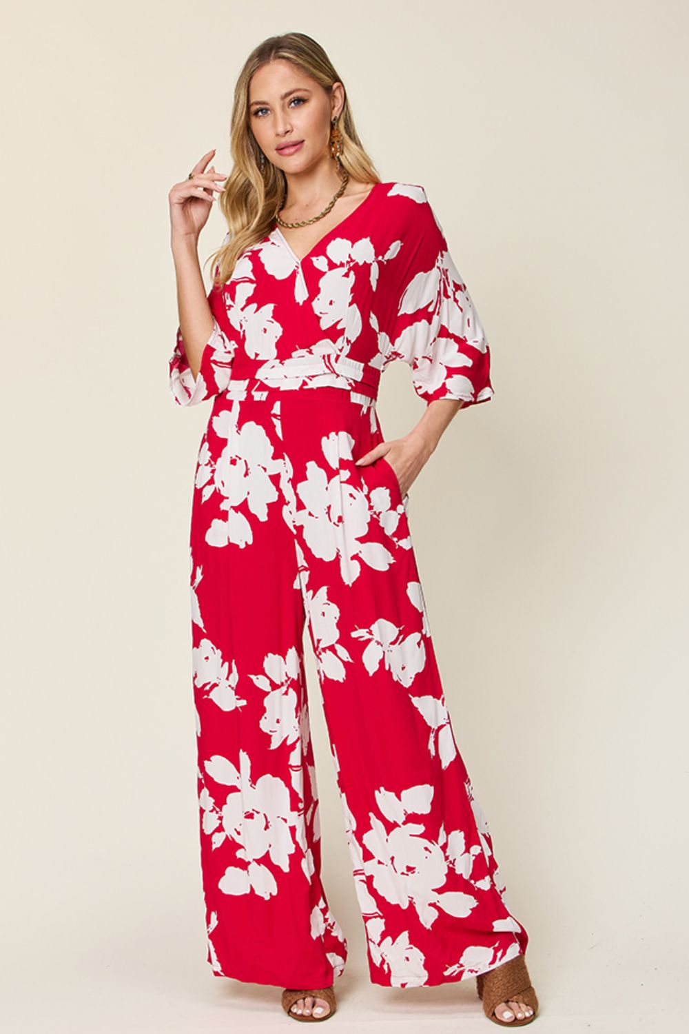 Double Take Full Size Printed Tie Back Wide Leg Jumpsuit - Luminous Bear Shop