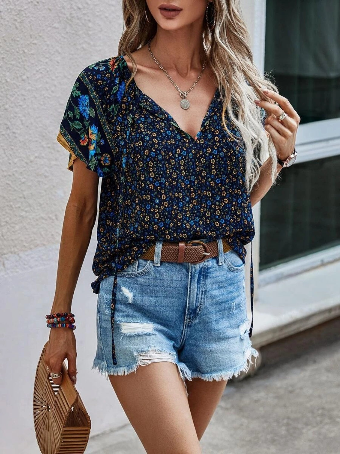 Printed Tie Neck Short Sleeve Blouse - Luminous Bear Shop