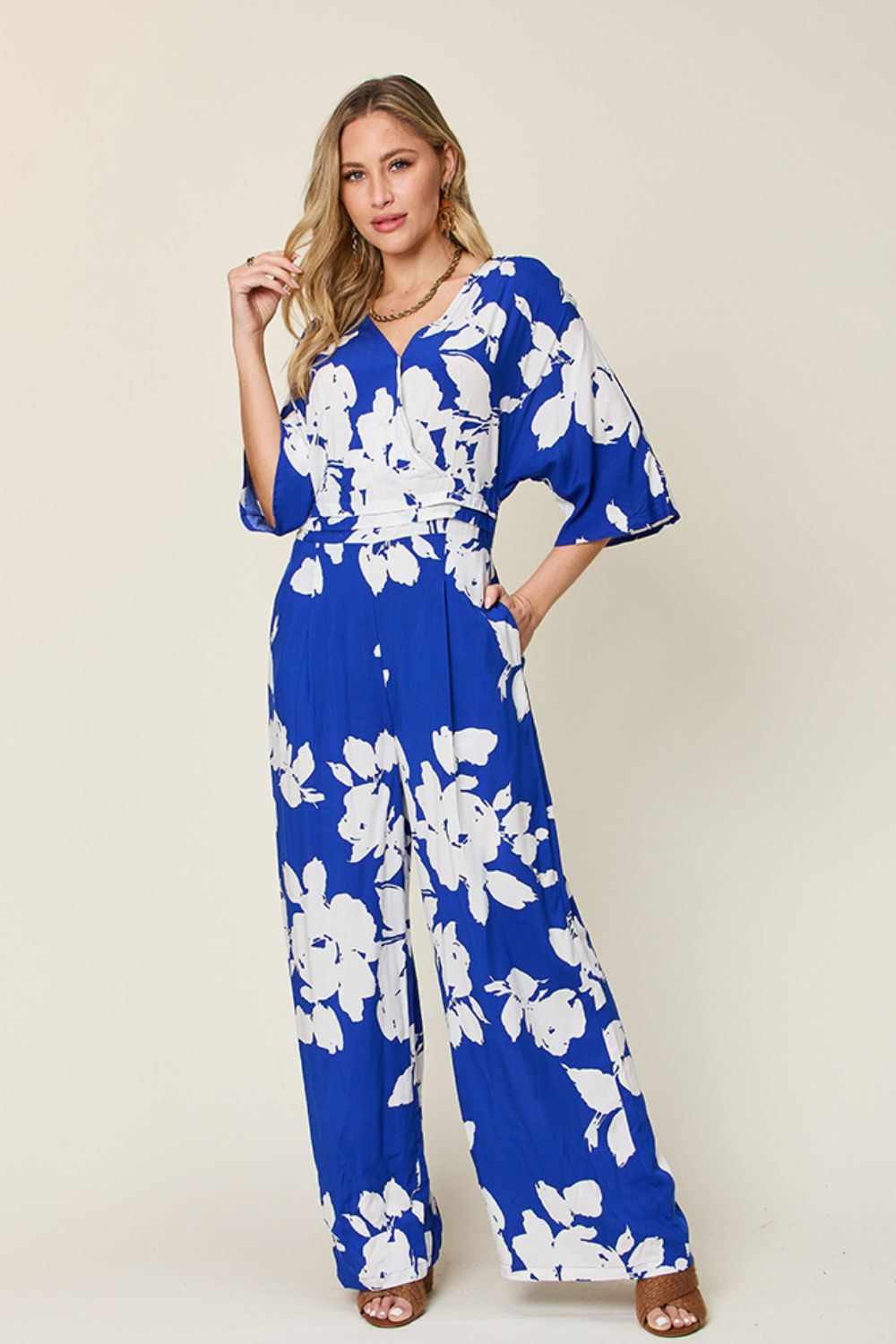 Double Take Full Size Printed Tie Back Wide Leg Jumpsuit - Luminous Bear Shop