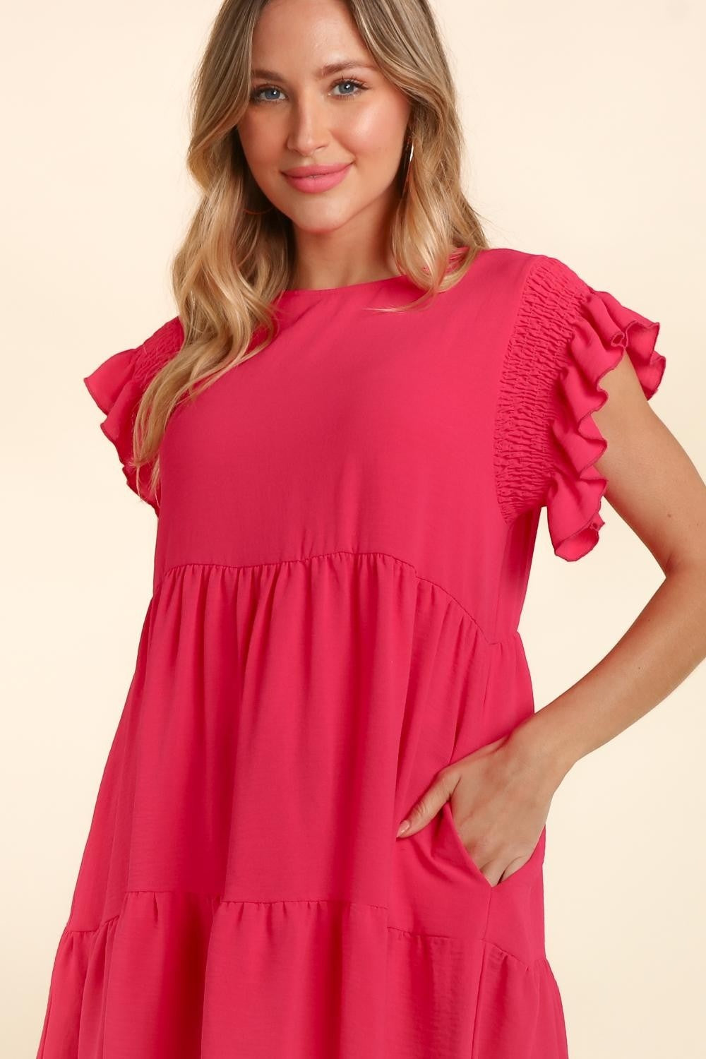Haptics Full Size Smocking Ruffle Short Sleeve Dress with Pockets - Luminous Bear Shop