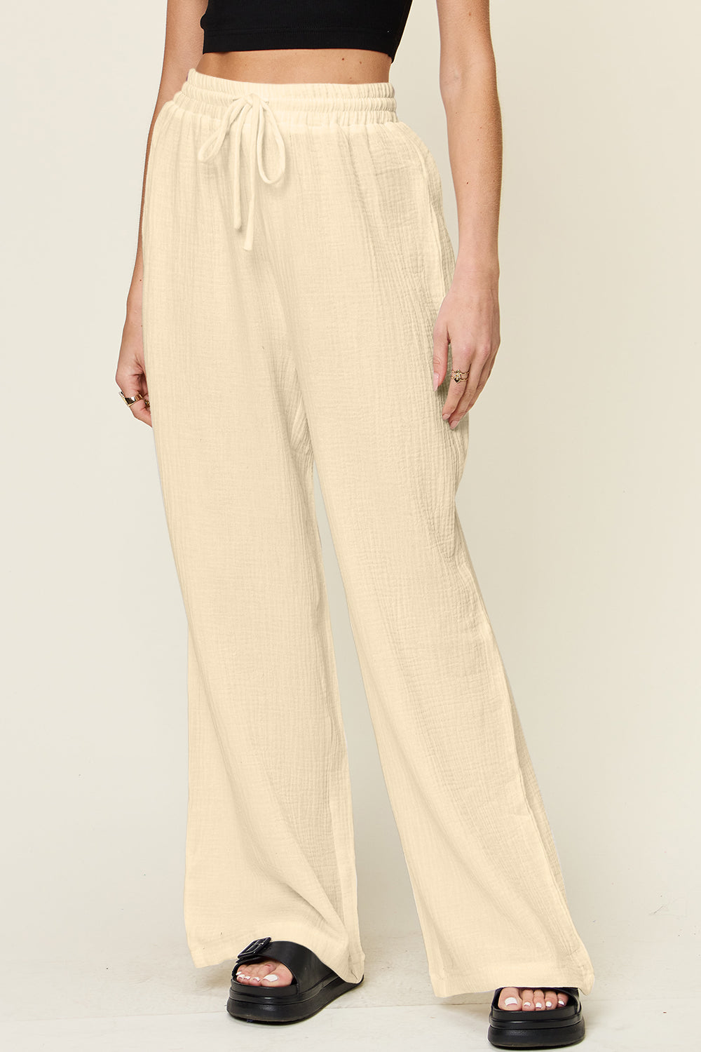 Double Take Full Size Texture Drawstring Wide Leg Pants - Luminous Bear Shop