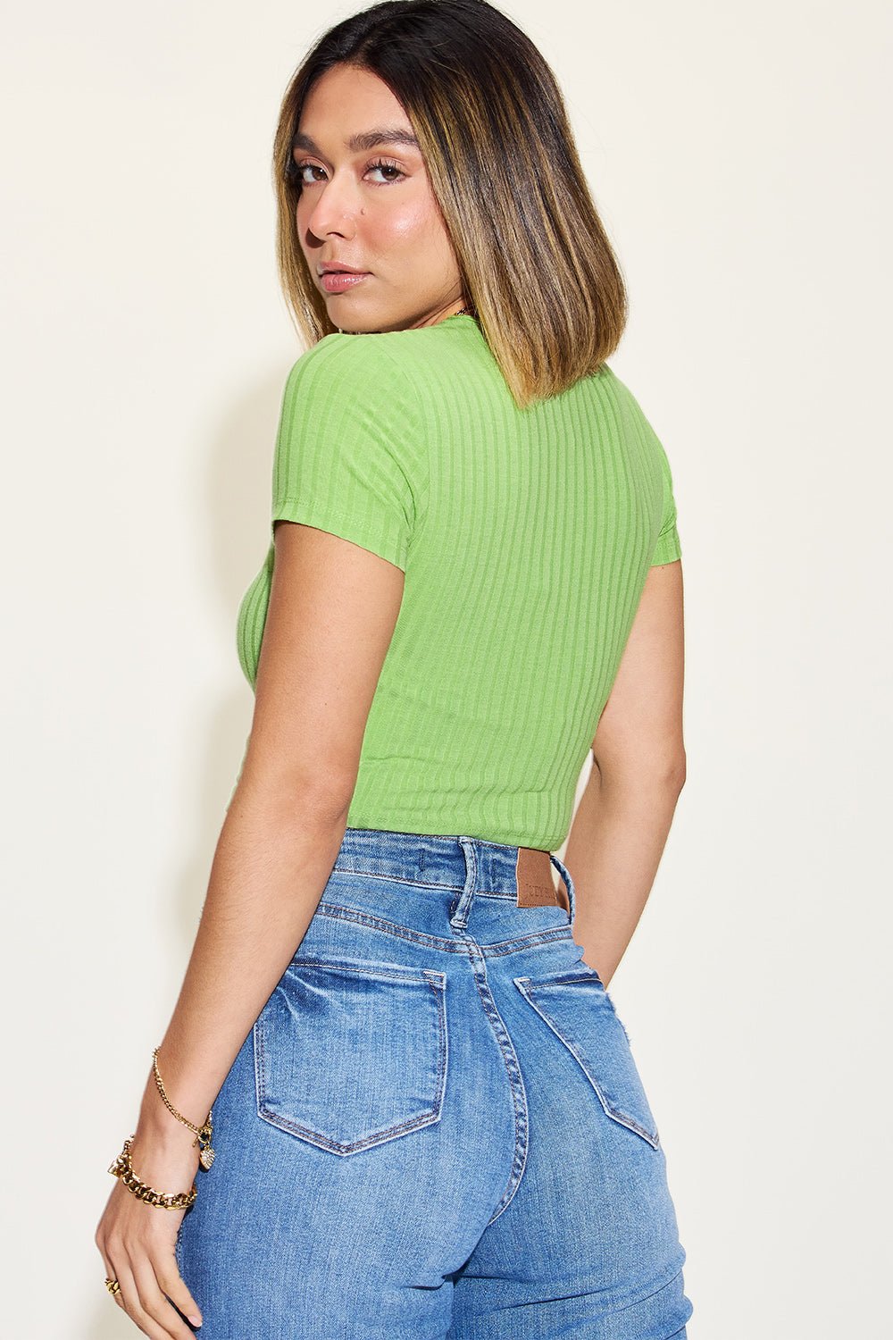 Basic Bae Full Size Ribbed Round Neck Short Sleeve T-Shirt - Luminous Bear