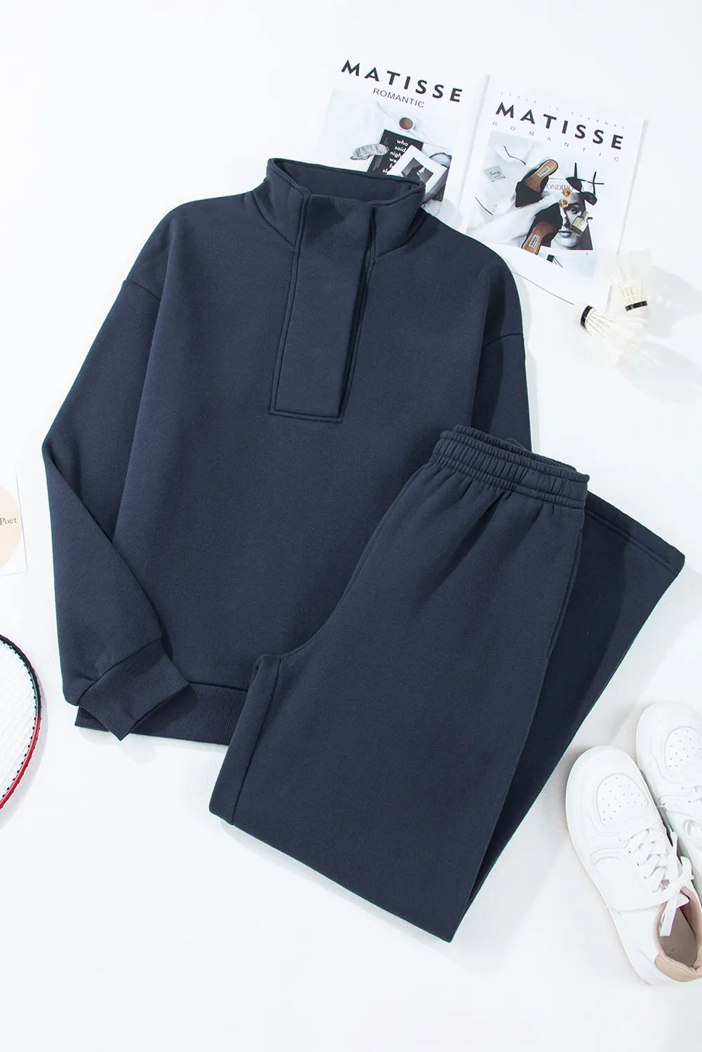 2-Piece Matching Set: Half-Snap Long Sleeve Top and Sweatpants