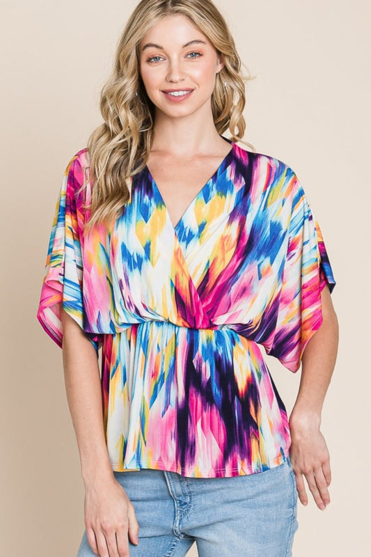 BOMBOM Printed Surplice Peplum Blouse - Luminous Bear