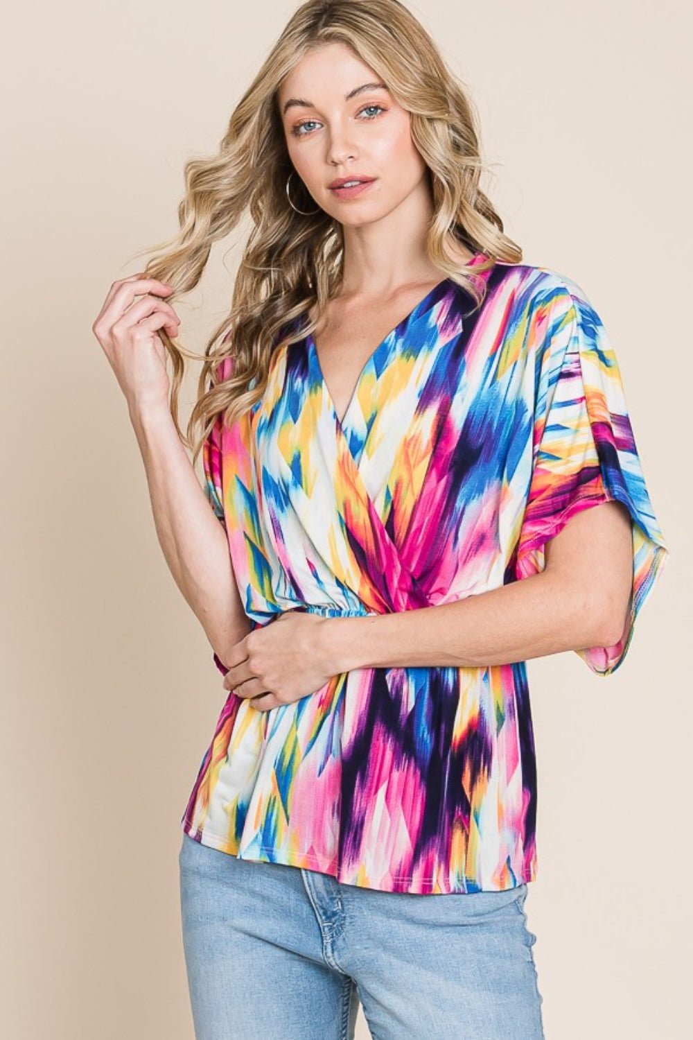 BOMBOM Printed Surplice Peplum Blouse - Luminous Bear