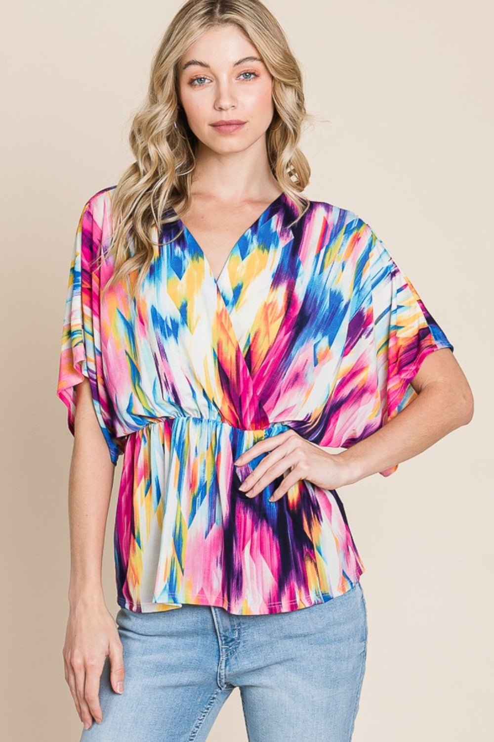 BOMBOM Printed Surplice Peplum Blouse - Luminous Bear