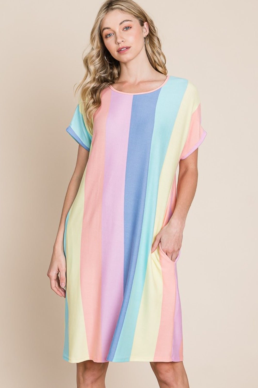 BOMBOM Striped Short Sleeve Dress with Pockets - Luminous Bear