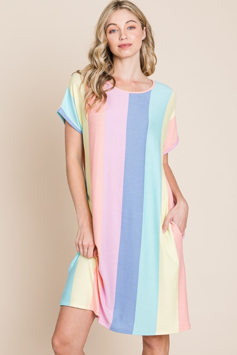 BOMBOM Striped Short Sleeve Dress with Pockets - Luminous Bear