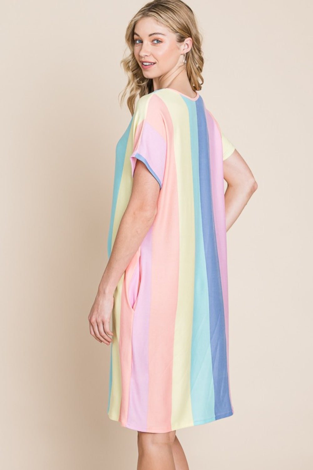 BOMBOM Striped Short Sleeve Dress with Pockets - Luminous Bear