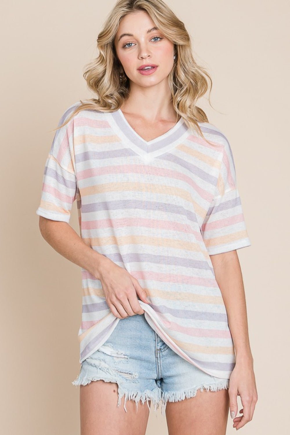 BOMBOM Striped V-Neck Short Sleeve T-Shirt - Luminous Bear