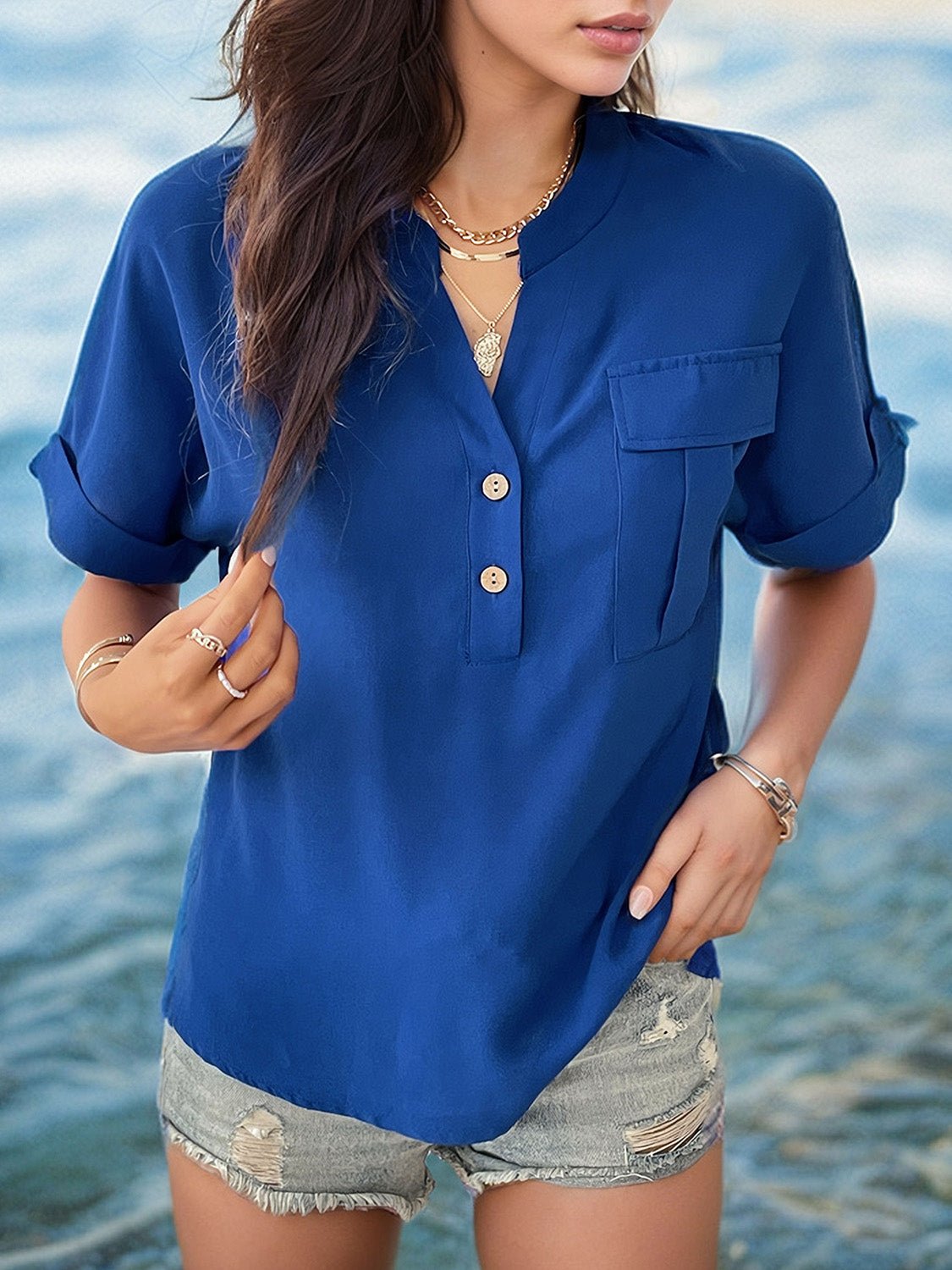 Buttoned Notched Short Sleeve Blouse - Luminous Bear